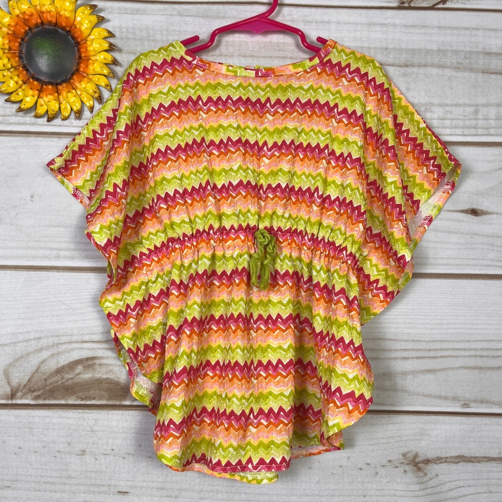 Mayoral Girls Chevron Zigzag Kaftan Top Size 5 Pink Green Orange Cover Up Summer